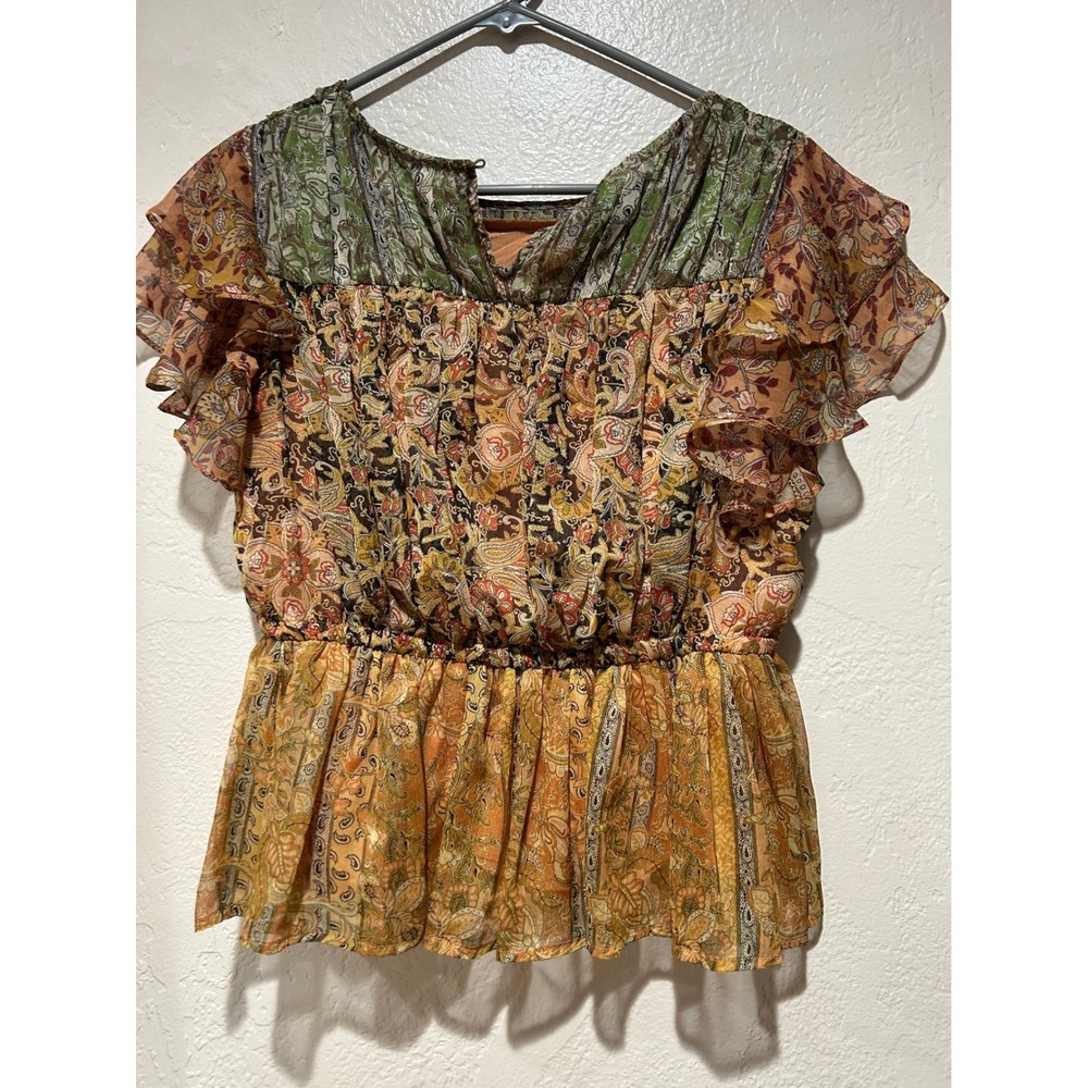 Chelsea & Theodore Paisley Peplum Blouse Orange Green Ruffle Sleeve XS Womens‎